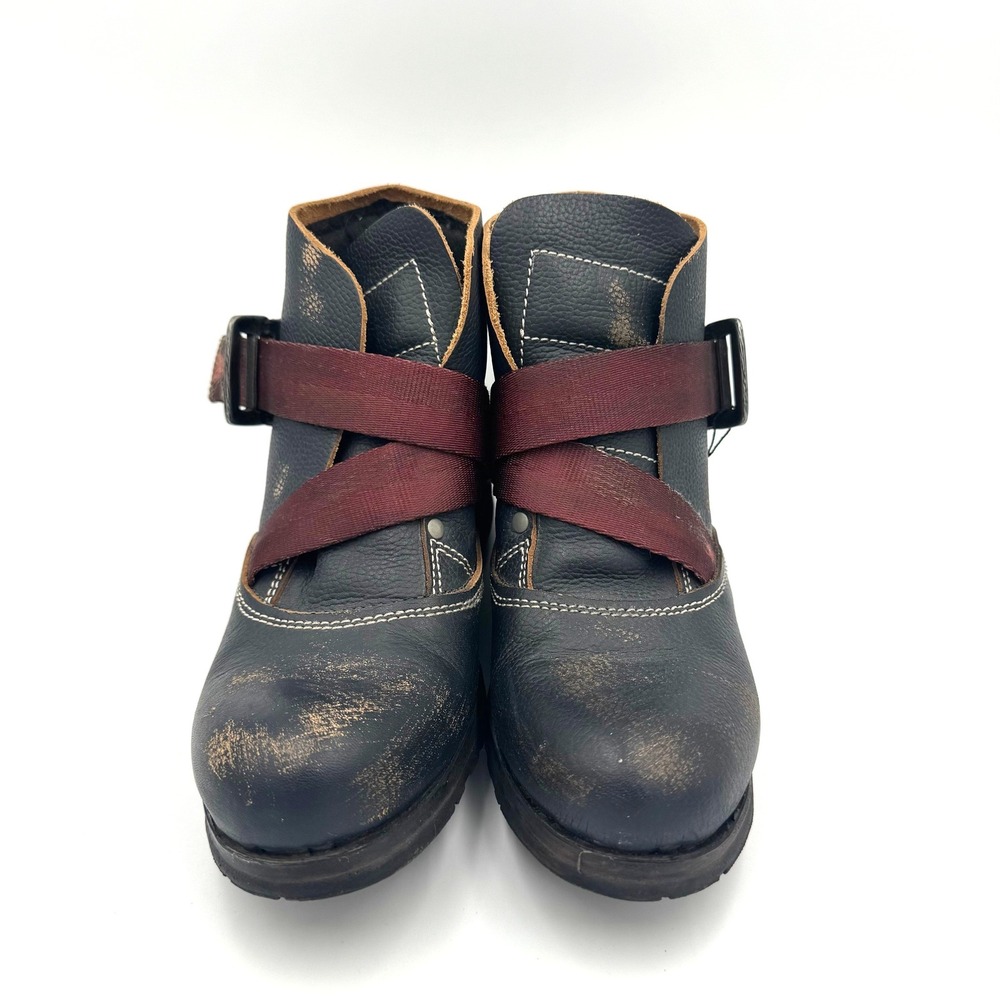 Fly London Women Black Distressed Leather Burgundy Strap Ankle Boots Size 37 - Picture 3 of 5